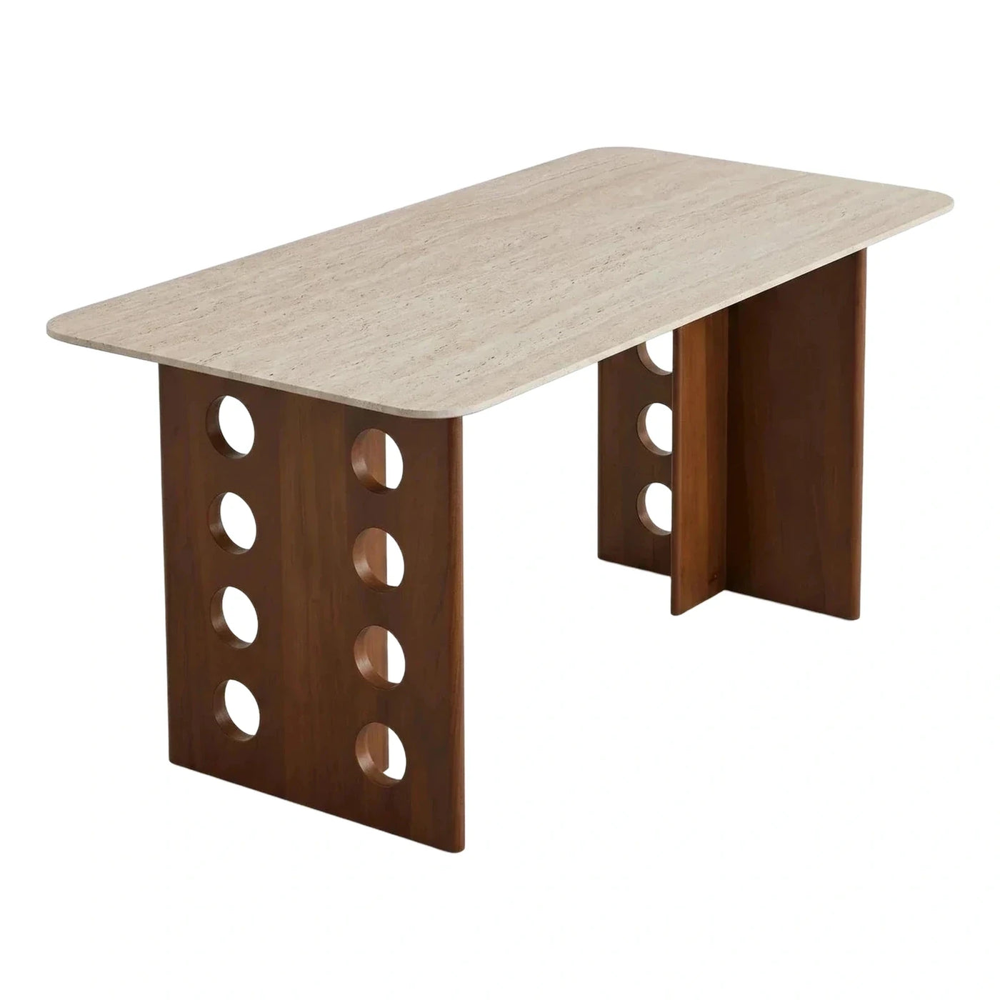 Modern Rectangular Stone Dining Table with Perforated Wood Base