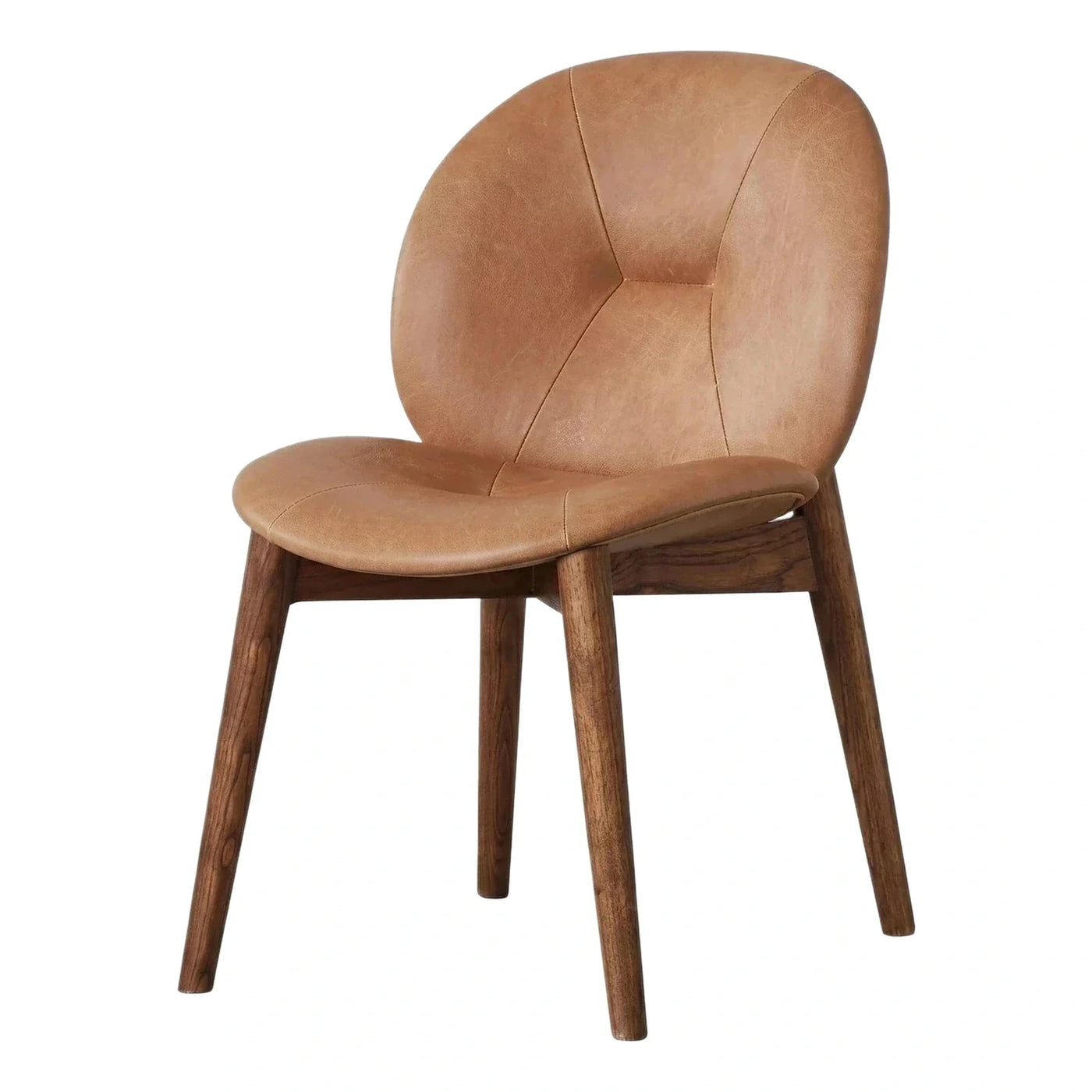 Modern Tan Leather Dining Chair with Wood Legs