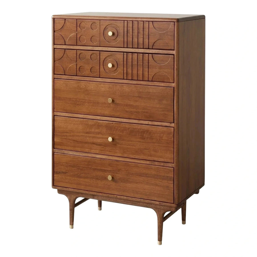 Walnut Chest of Drawers with Geometric Carved Details