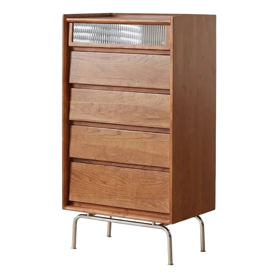 Walnut Five Drawer Chest with Fluted Glass Top