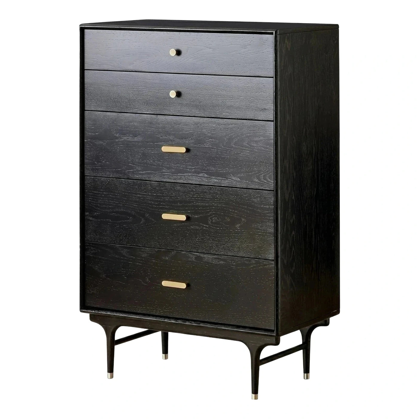 Modern Black Wood Five Drawer Chest with Brass Accents