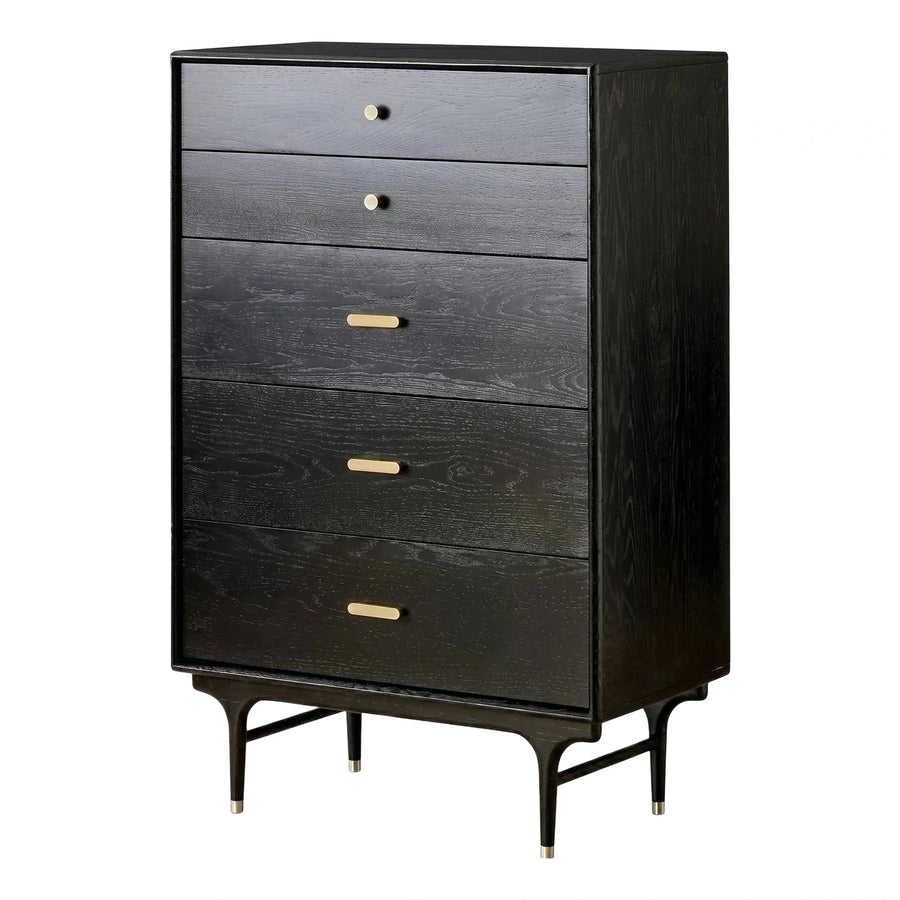 Modern Black Wood Five Drawer Chest with Brass Accents