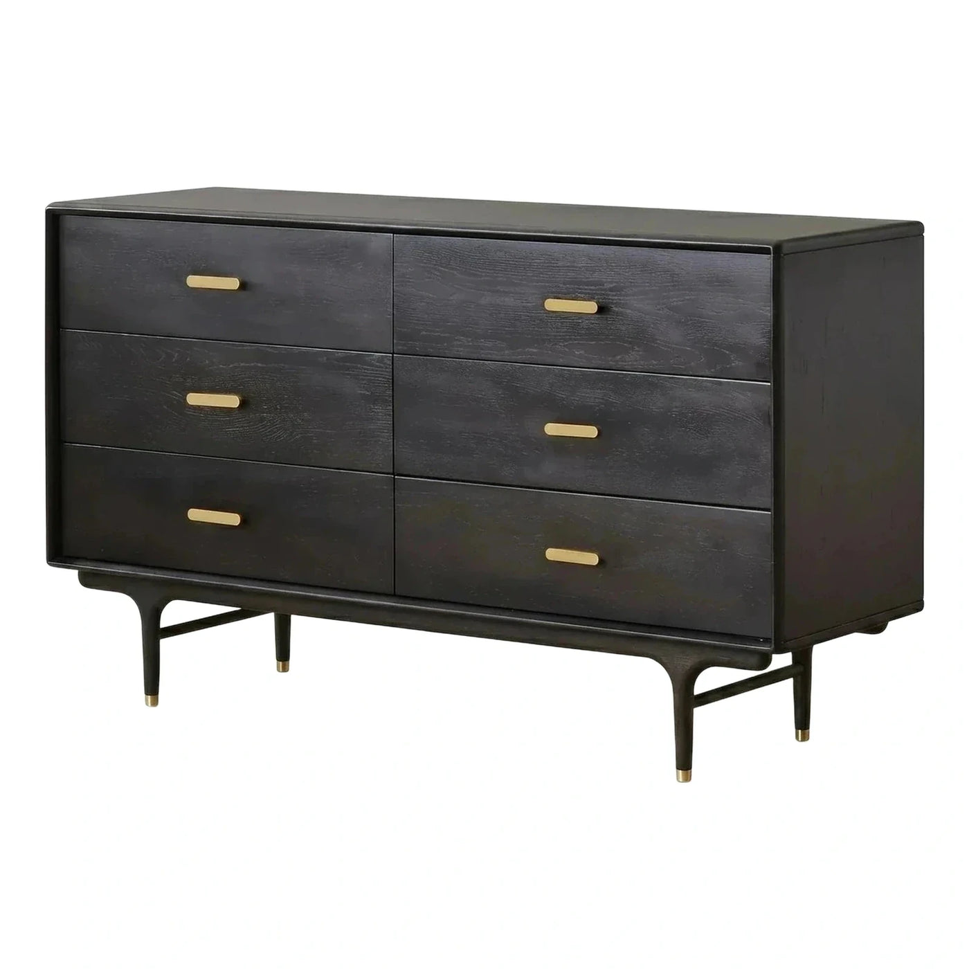 Black Wood Six Drawer Dresser with Gold Hardware