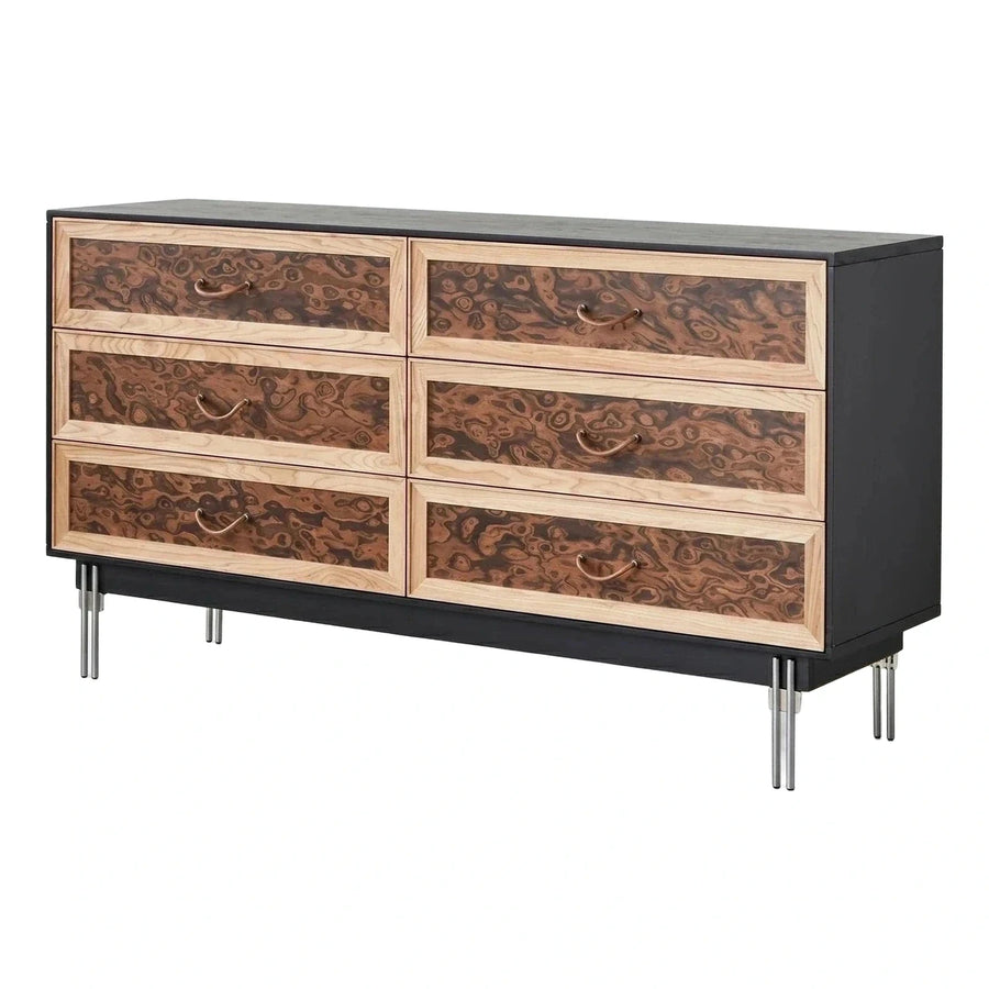 Modern Six Drawer Dresser With Burl Wood Panels
