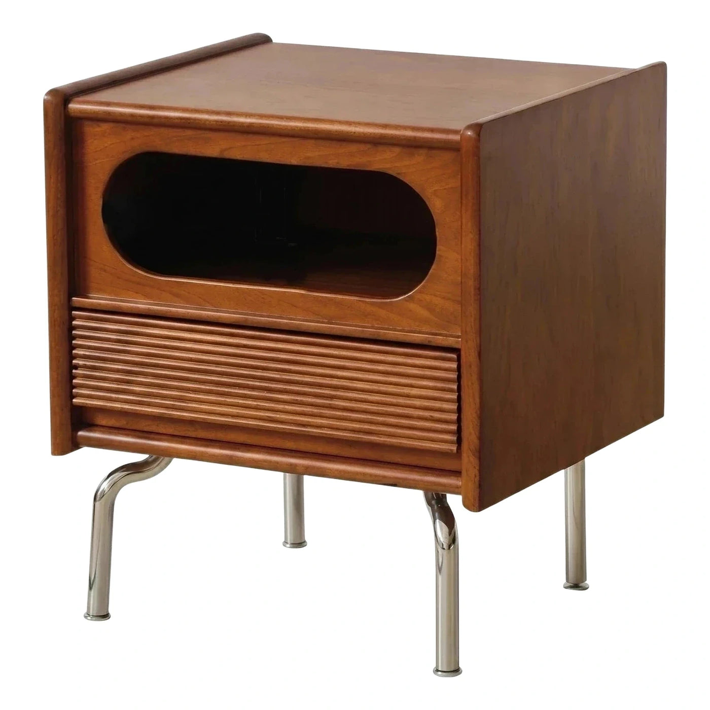 Modern Wood Nightstand with Fluted Drawer and Metal Legs