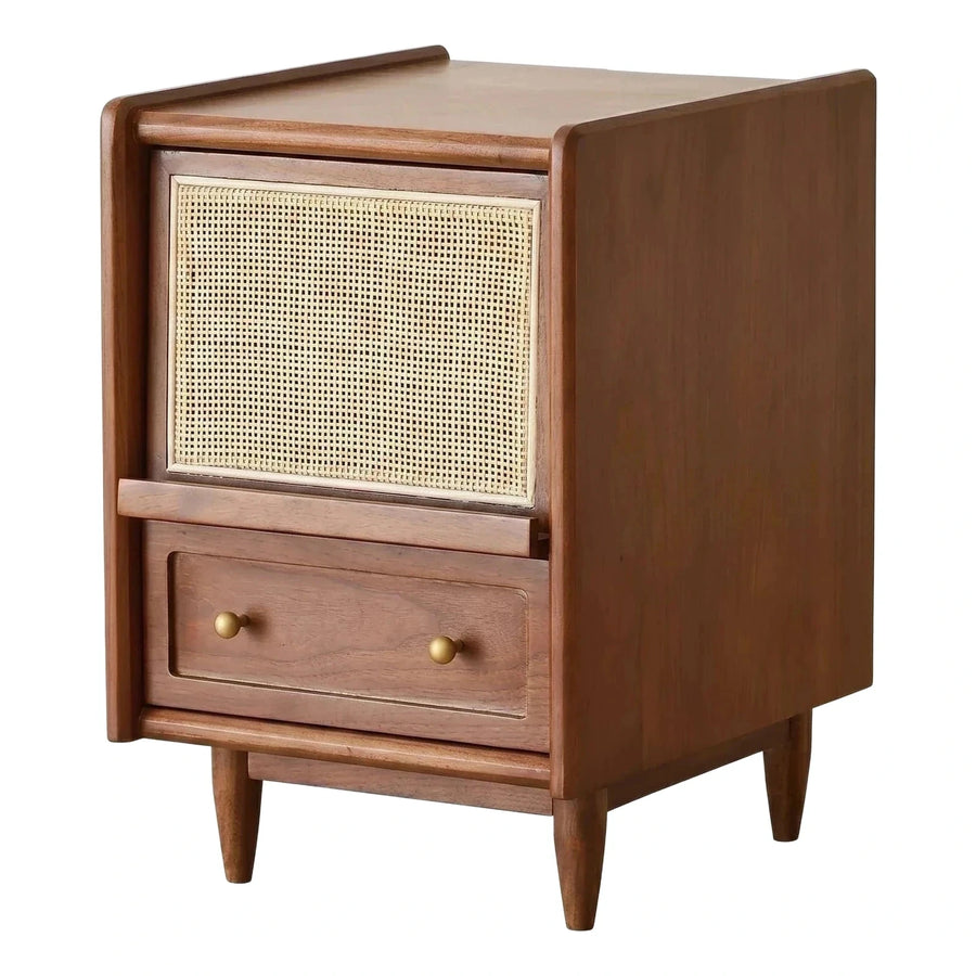 Wooden Nightstand with Rattan Door and Storage Drawer