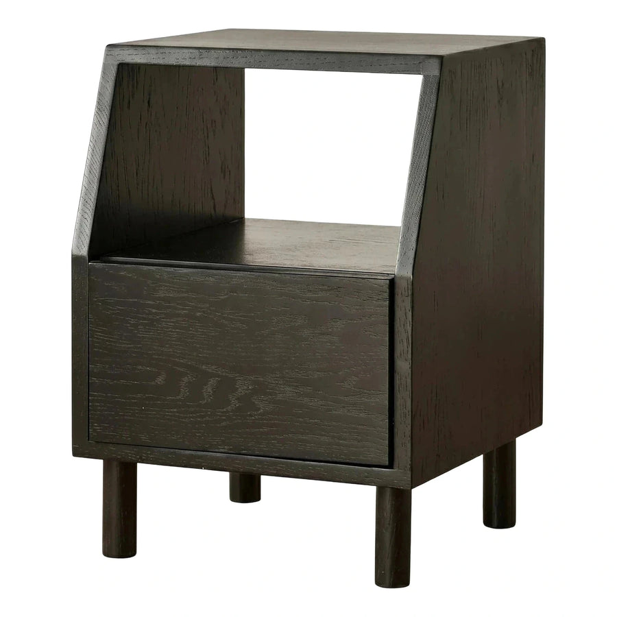 Modern Black Wood Nightstand with Drawer and Shelf
