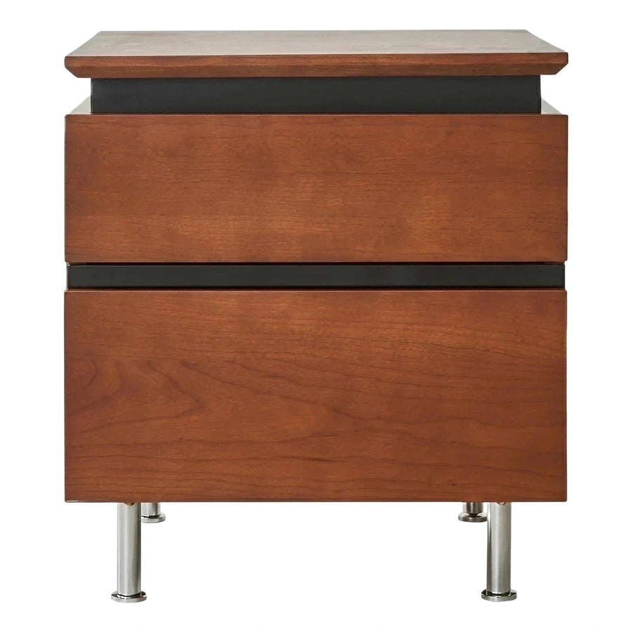 Modern Wood Nightstand with Black Accents and Metal Legs