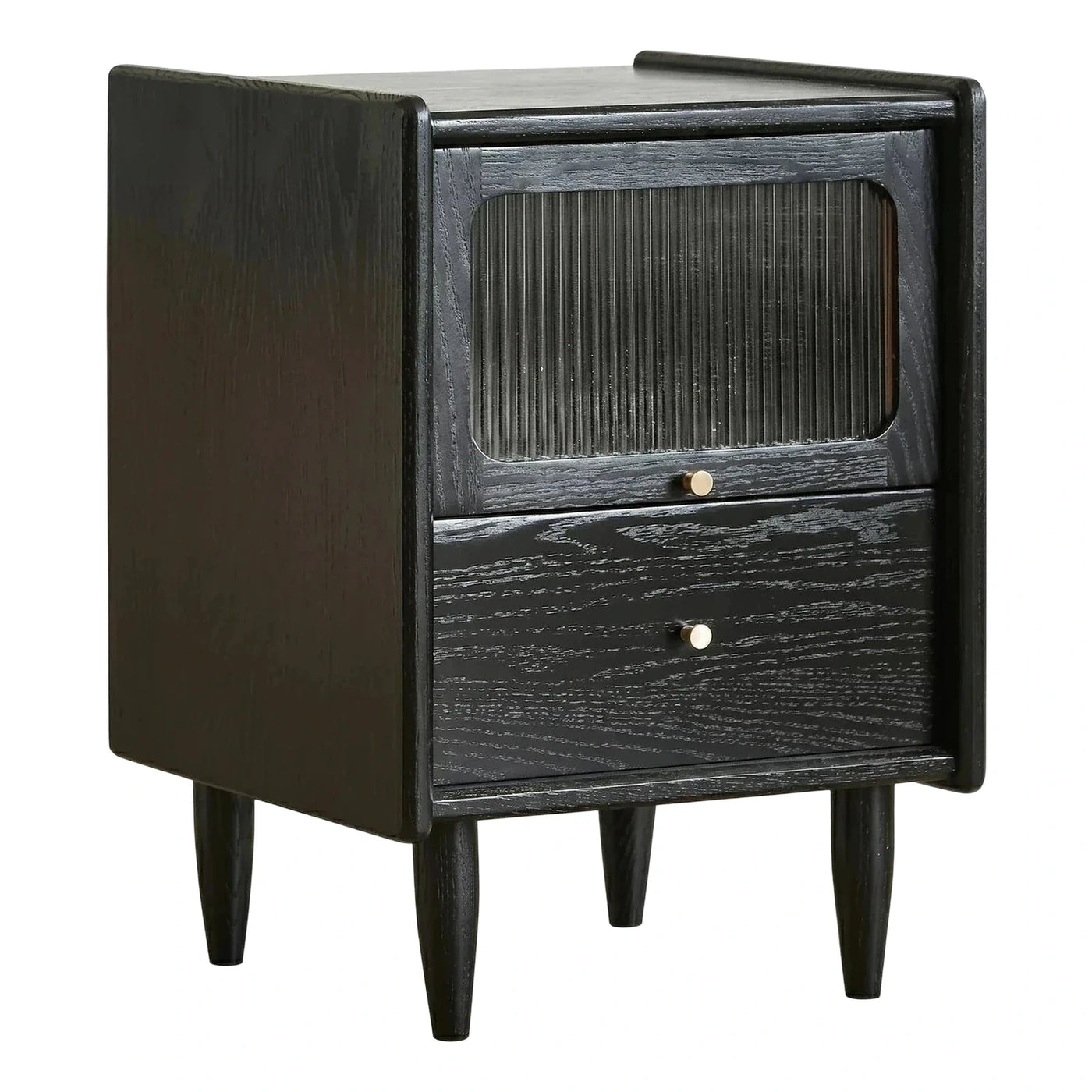 Black Wood Nightstand with Fluted Door and Drawer