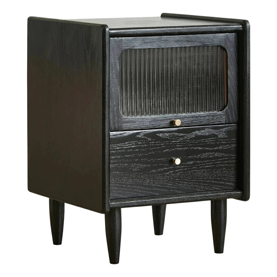 Black Wood Nightstand with Fluted Door and Drawer