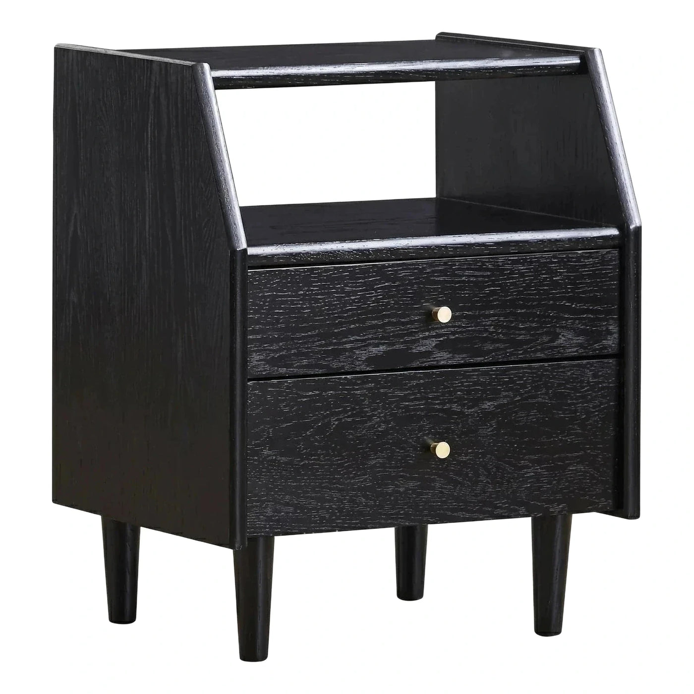 Black Wood Nightstand with Gold Knobs and Open Shelf