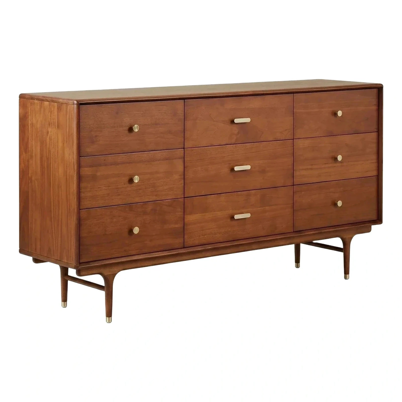 Mid-Century Modern Walnut 9-Drawer Sideboard with Brass Hardware