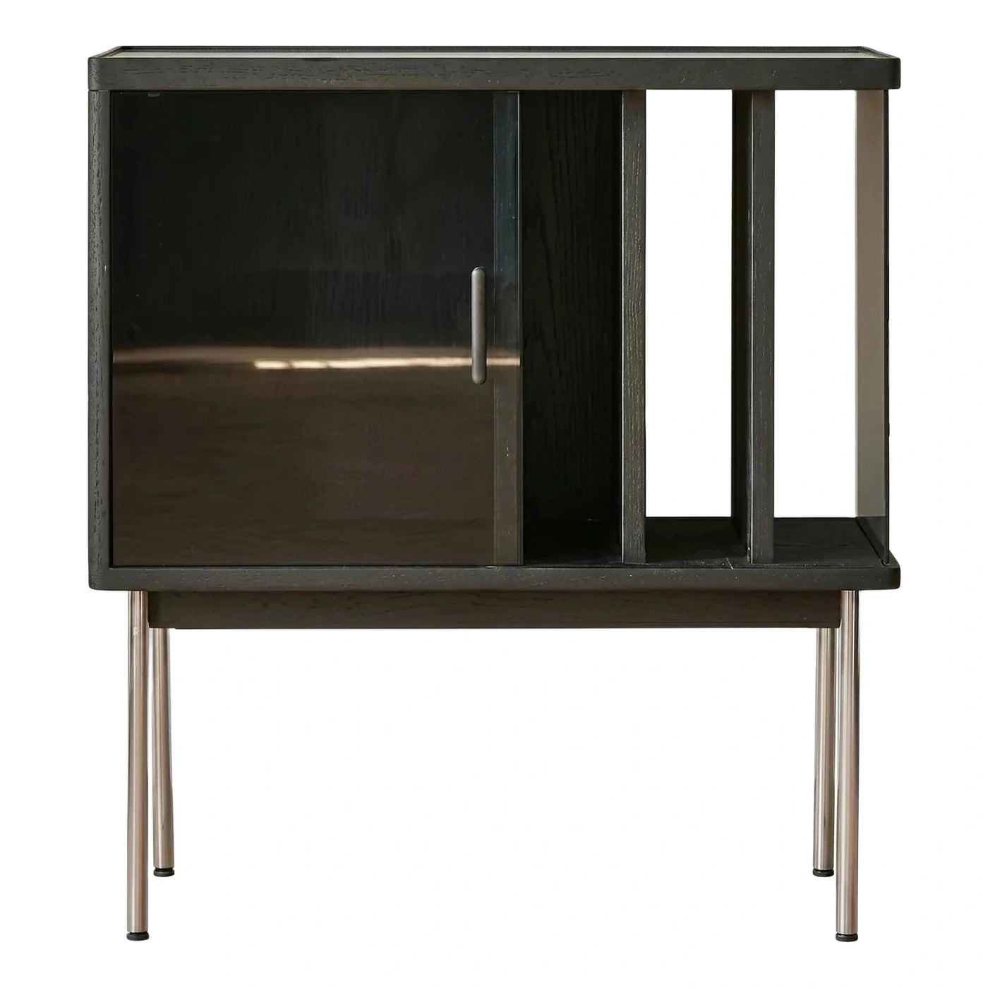 Modern Black Wood Sideboard with Smoked Glass Door
