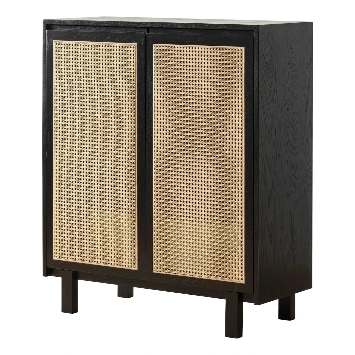 Black Wood Cane Webbing Two Door Sideboard Cabinet