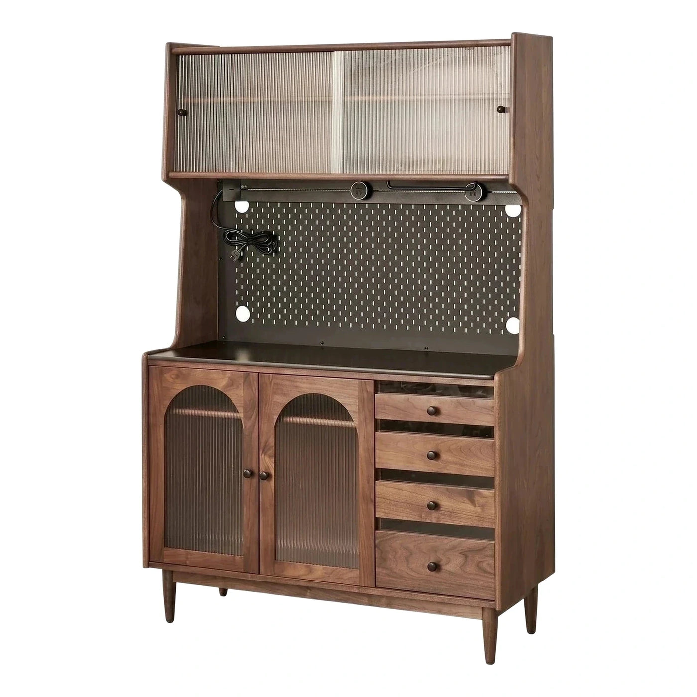 Walnut Wood Sideboard with Pegboard and Fluted Glass