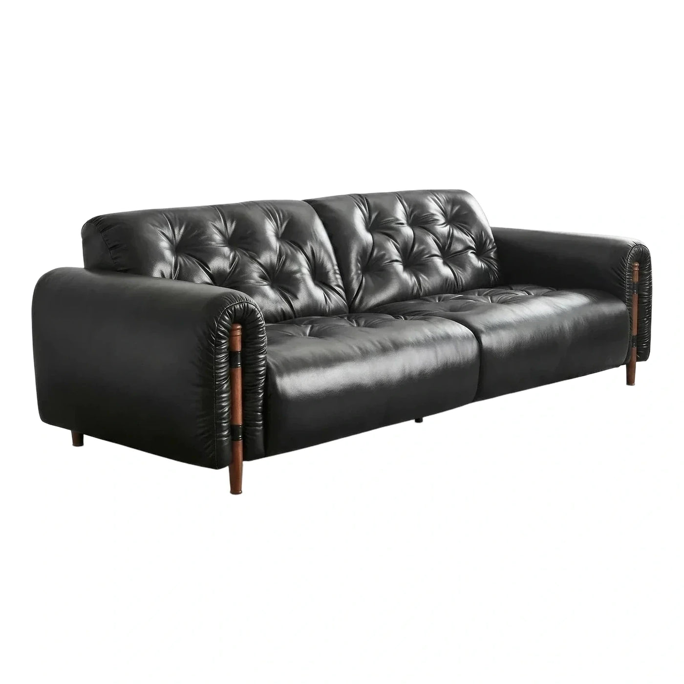 Black Leather Tufted Sofa with Wooden Leg Accents
