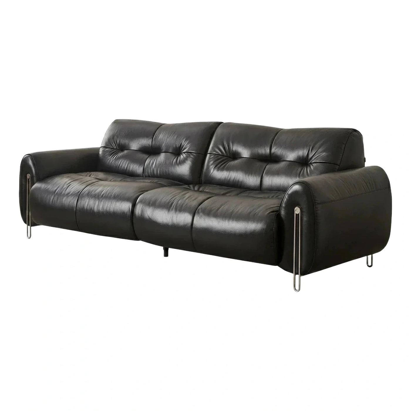 Modern Black Leather Sofa with Metal Arm Accents