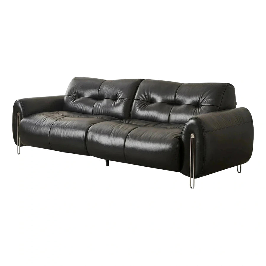 Modern Black Leather Sofa with Metal Arm Accents