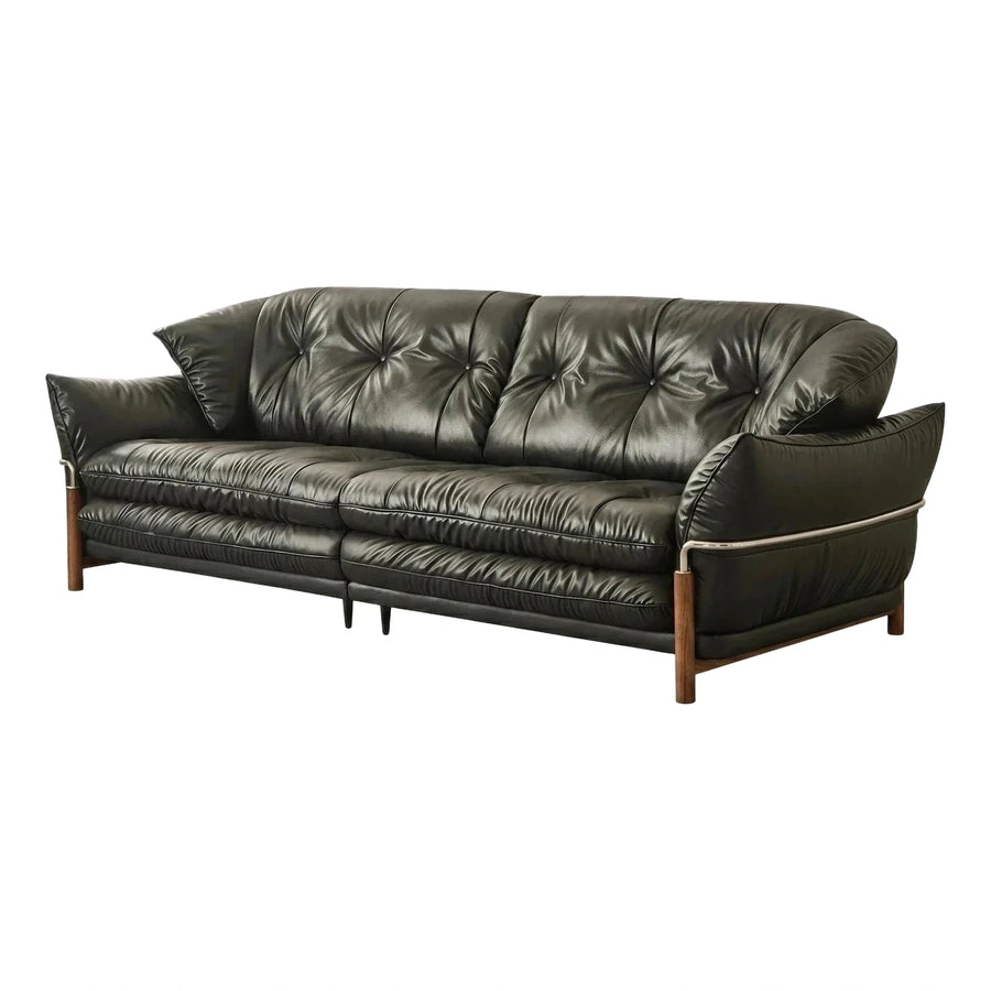 Modern Black Leather Sofa with Wooden Legs