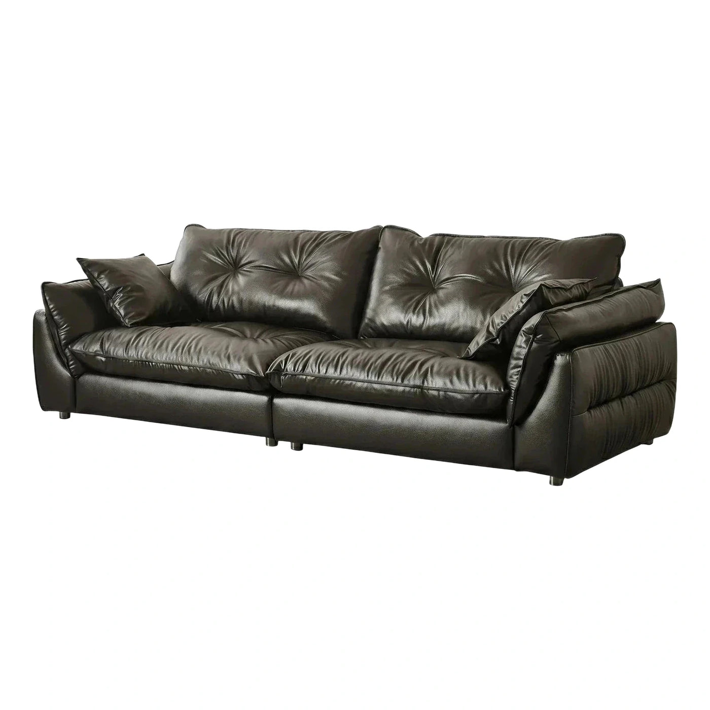 Modern Black Leather Sofa with Tufted Back Cushions
