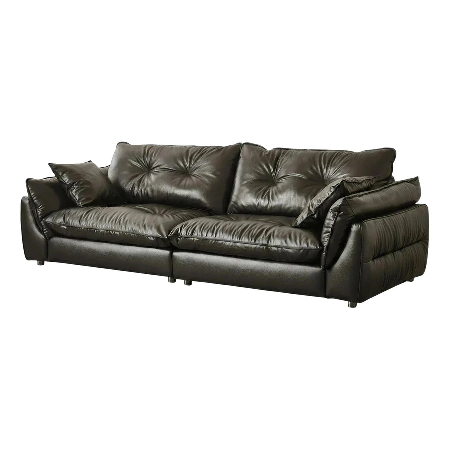 Modern Black Leather Sofa with Tufted Back Cushions
