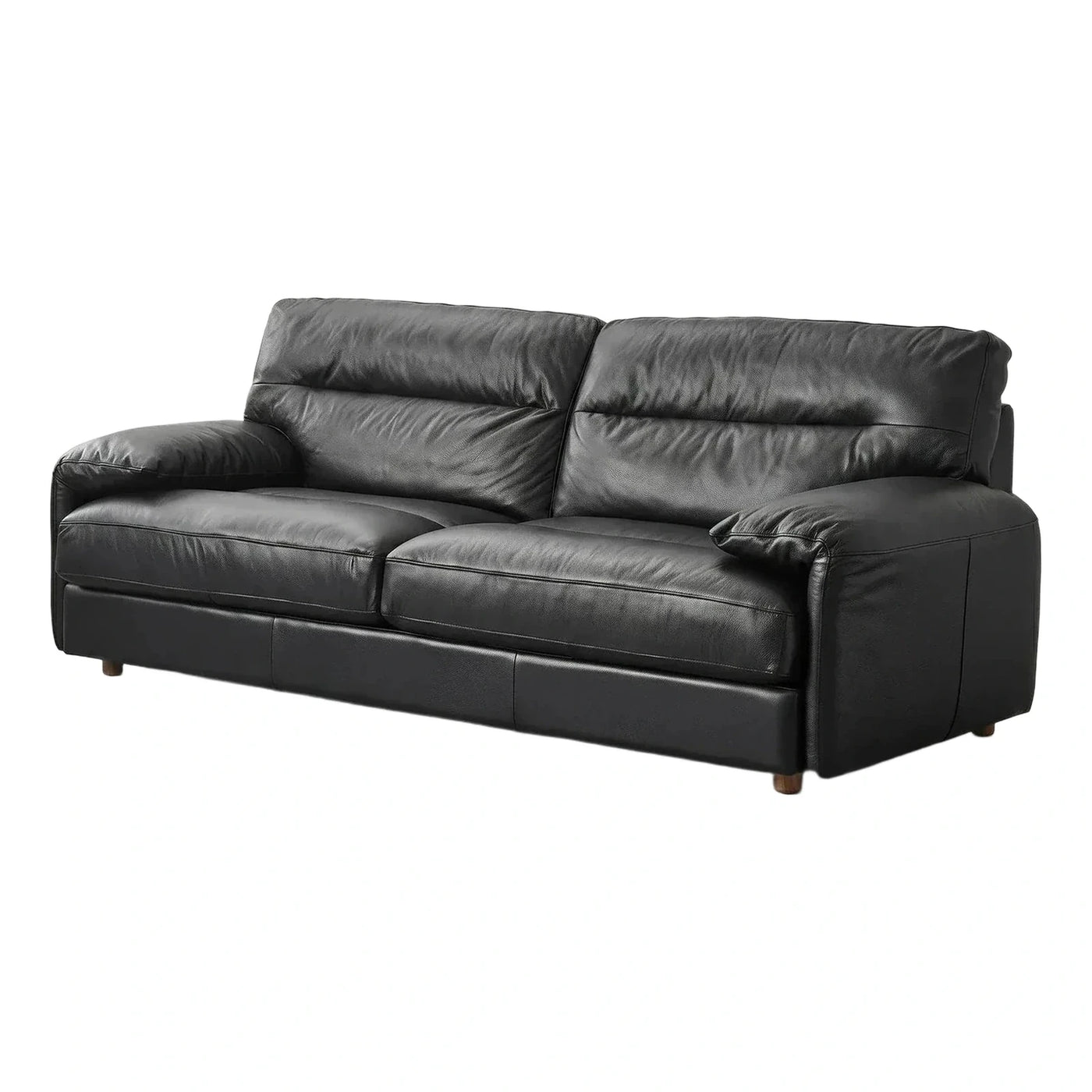 Modern Black Leather Sofa with Wooden Legs