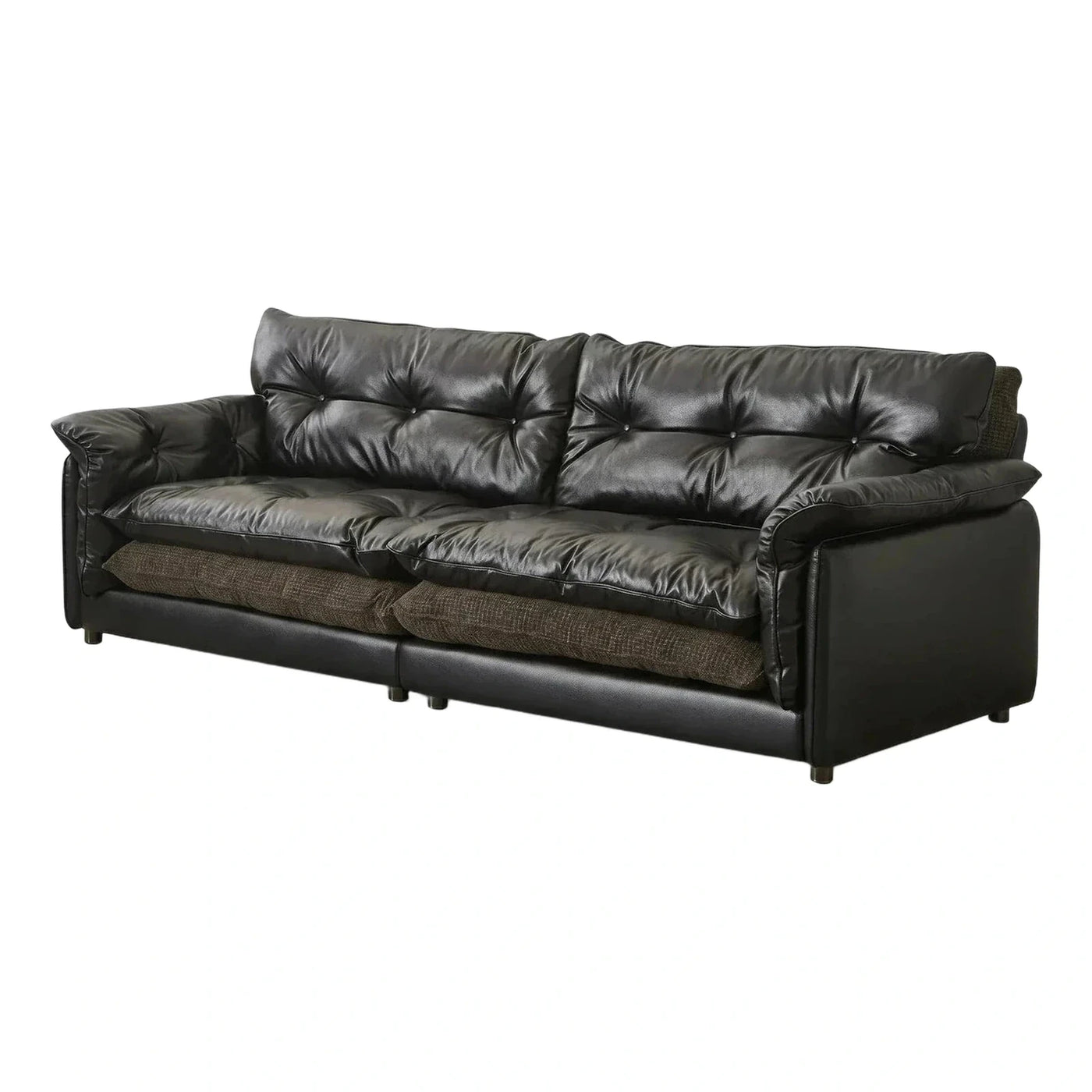 Black Leather Tufted Sofa with Fabric Seat Accents