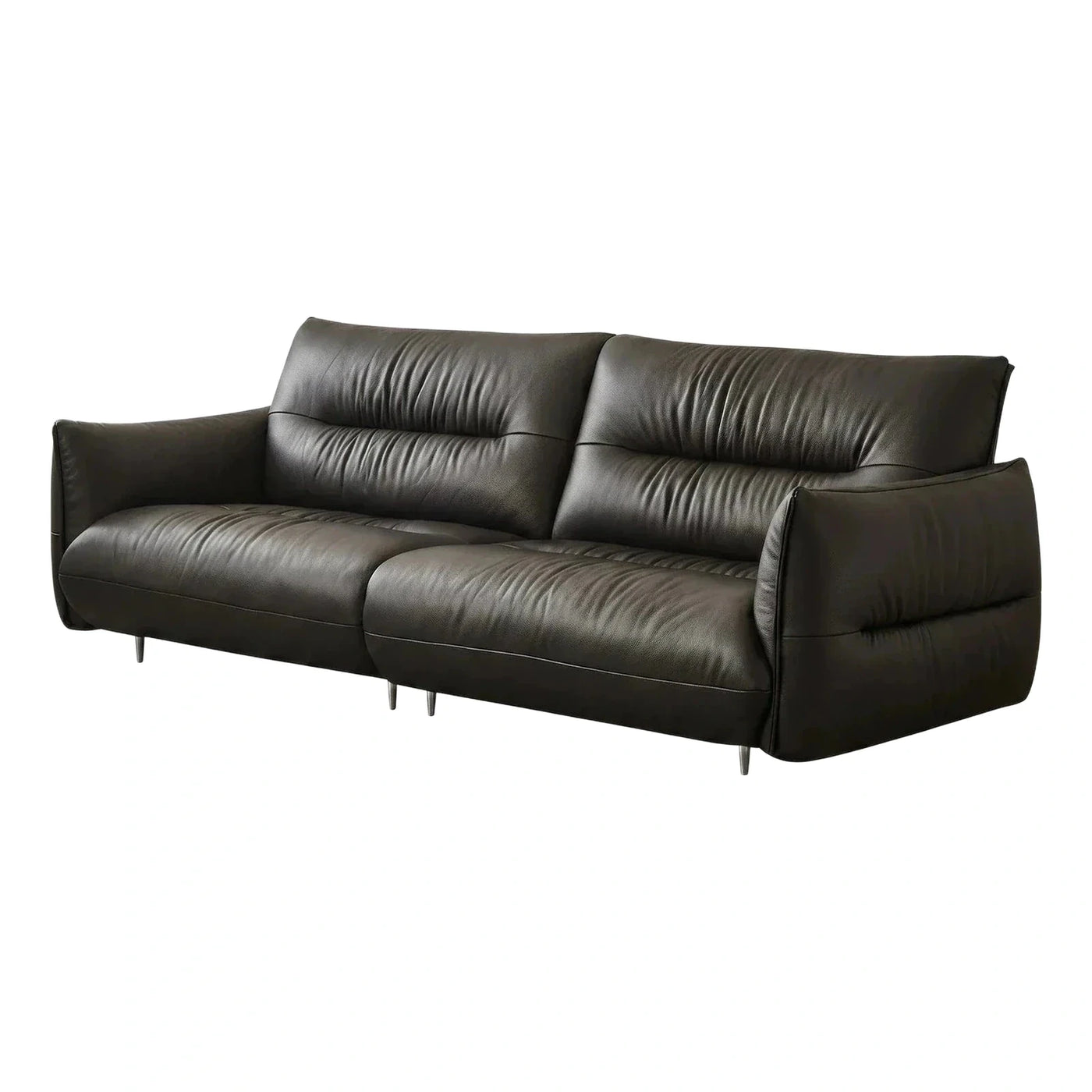 Modern Black Leather Sofa with Tapered Metal Legs