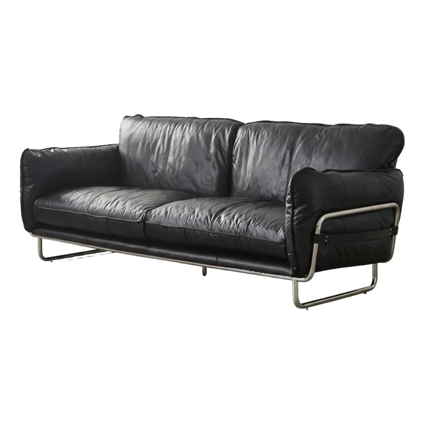 Modern Black Leather Sofa with Metal Frame