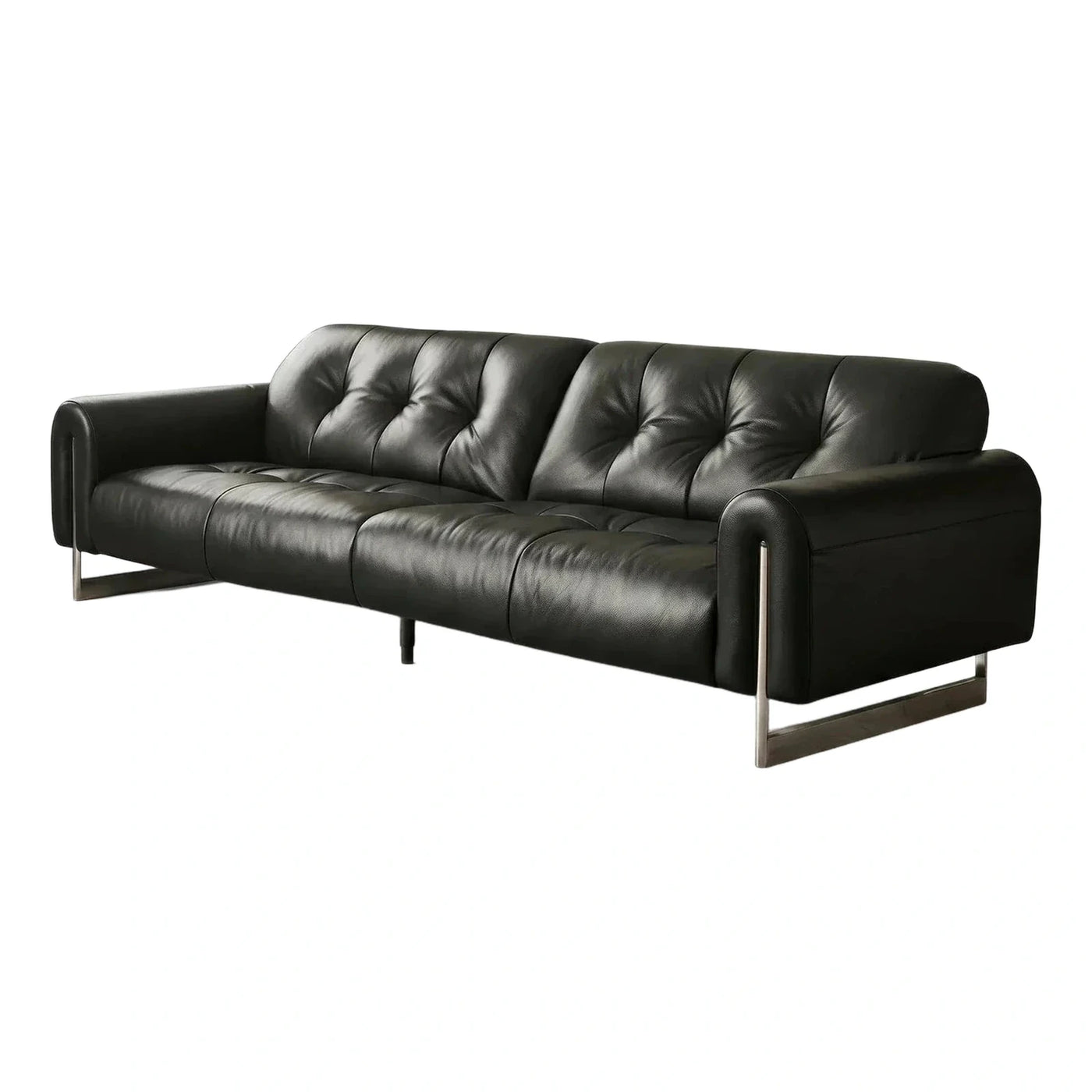 Black Leather Tufted Sofa with Metal Sled Base