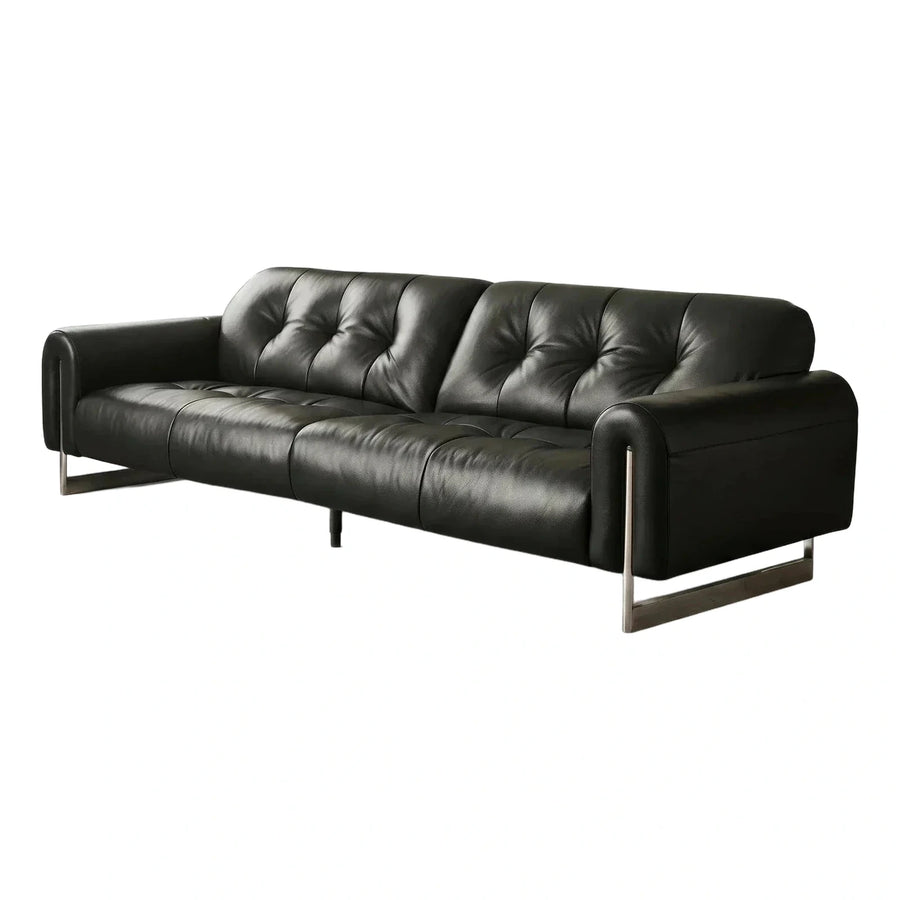 Black Leather Tufted Sofa with Metal Sled Base