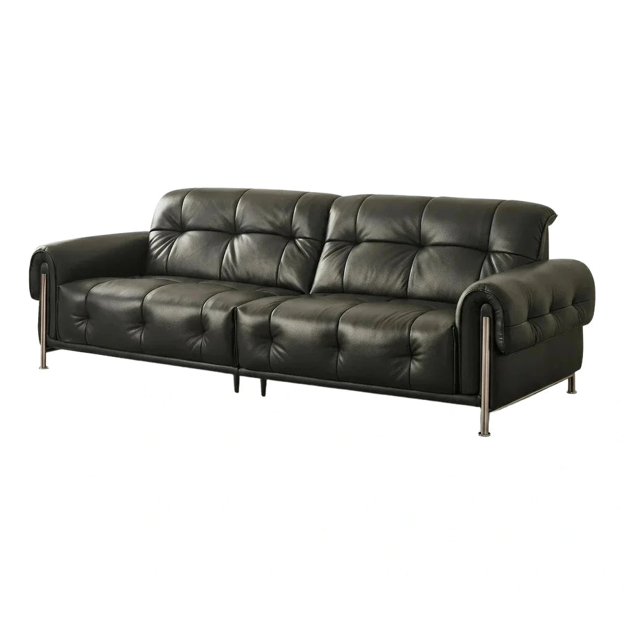 Modern Black Leather Tufted Sofa with Metal Legs