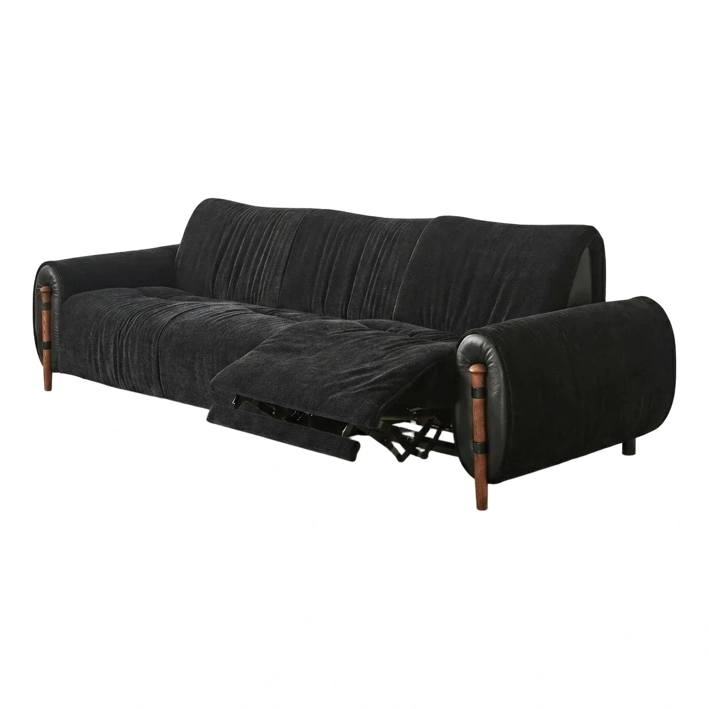 Black Ribbed Fabric Reclining Sofa with Wood Legs