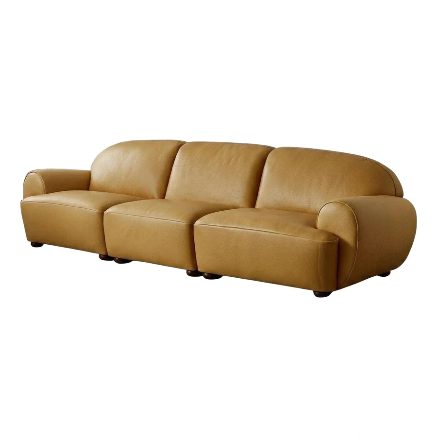 Modern Tan Leather Three-Seater Sofa with Curved Design