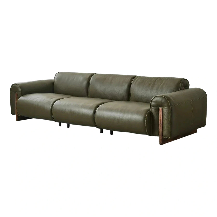 Modern Olive Green Leather Sofa With Wood Accents