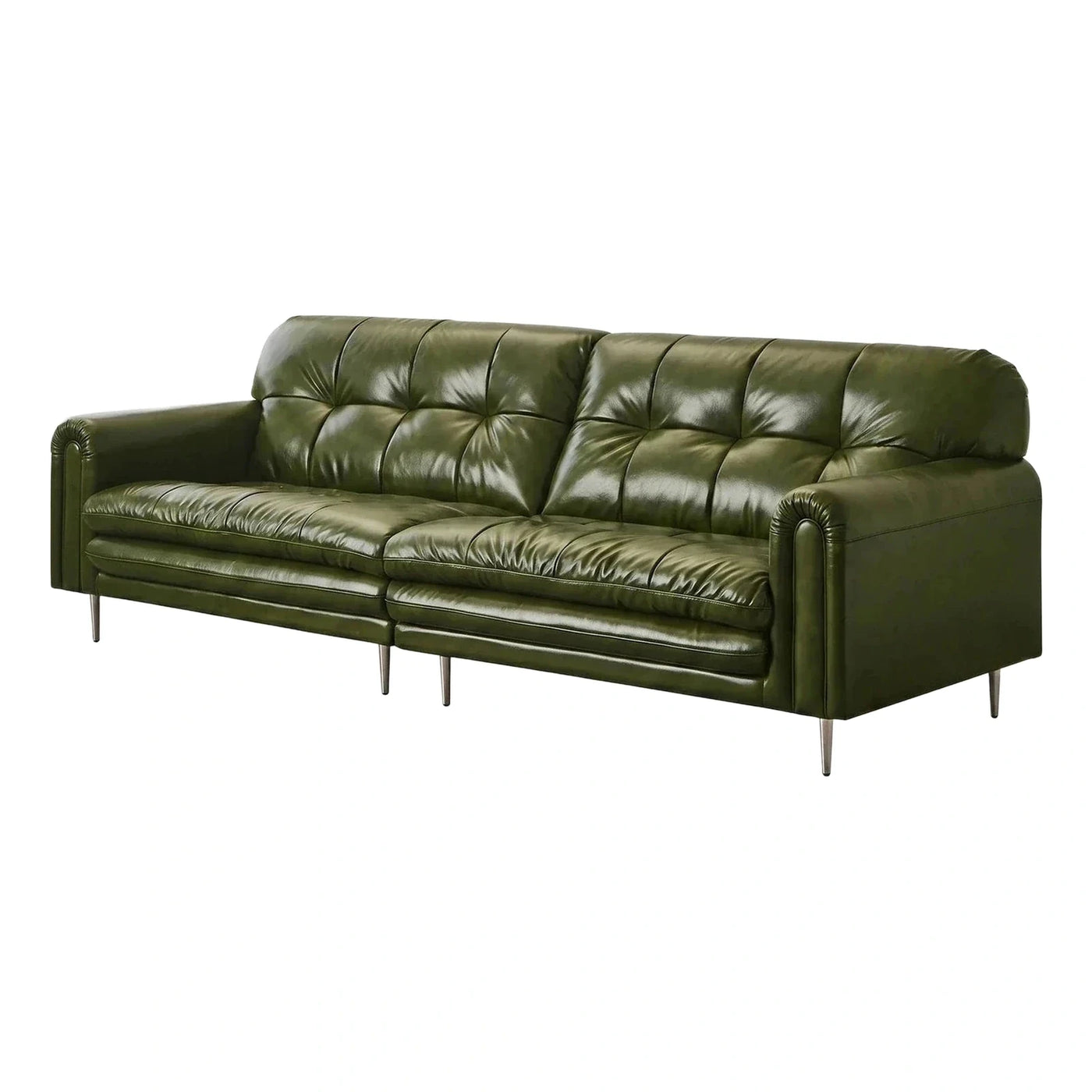 Olive Green Tufted Leather Sofa with Metal Legs