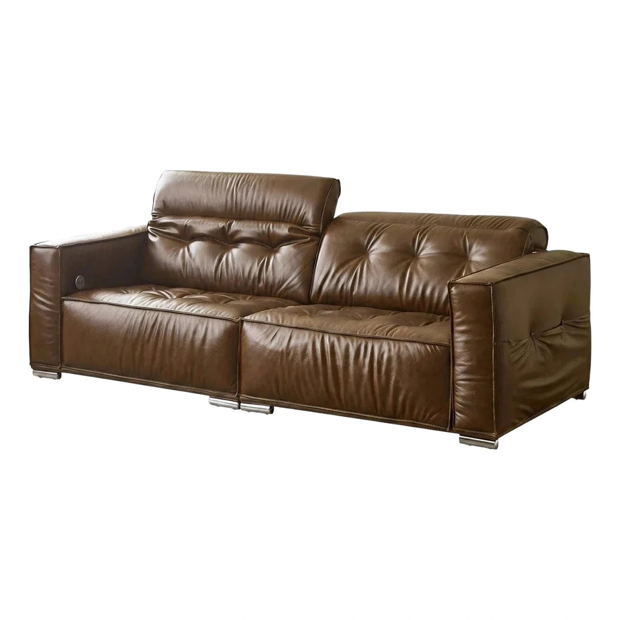Modern Brown Leather Reclining Sofa with Adjustable Headrests