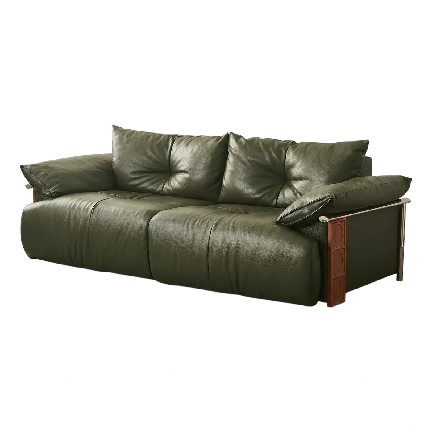 Modern Olive Green Leather Sofa with Wood Accents