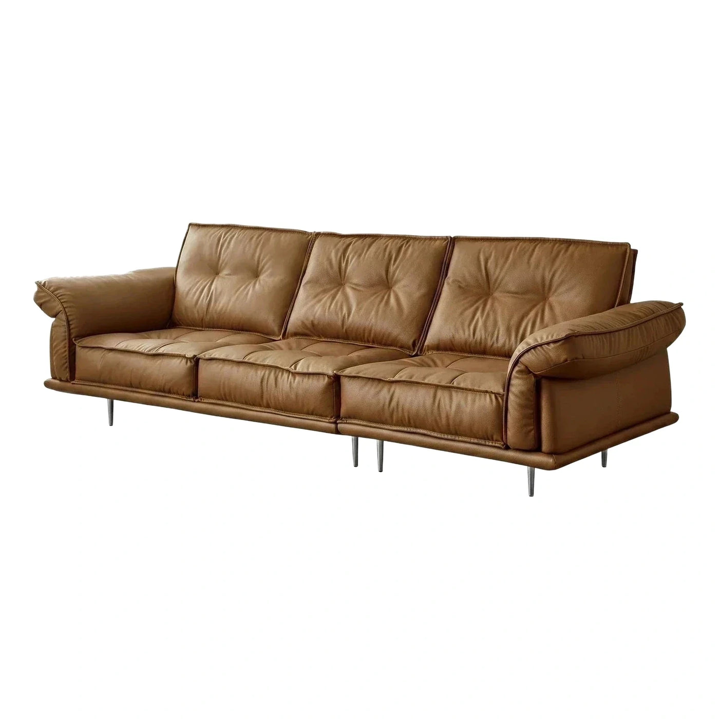 Modern Brown Leather Three-Seater Sofa with Tufted Backrests