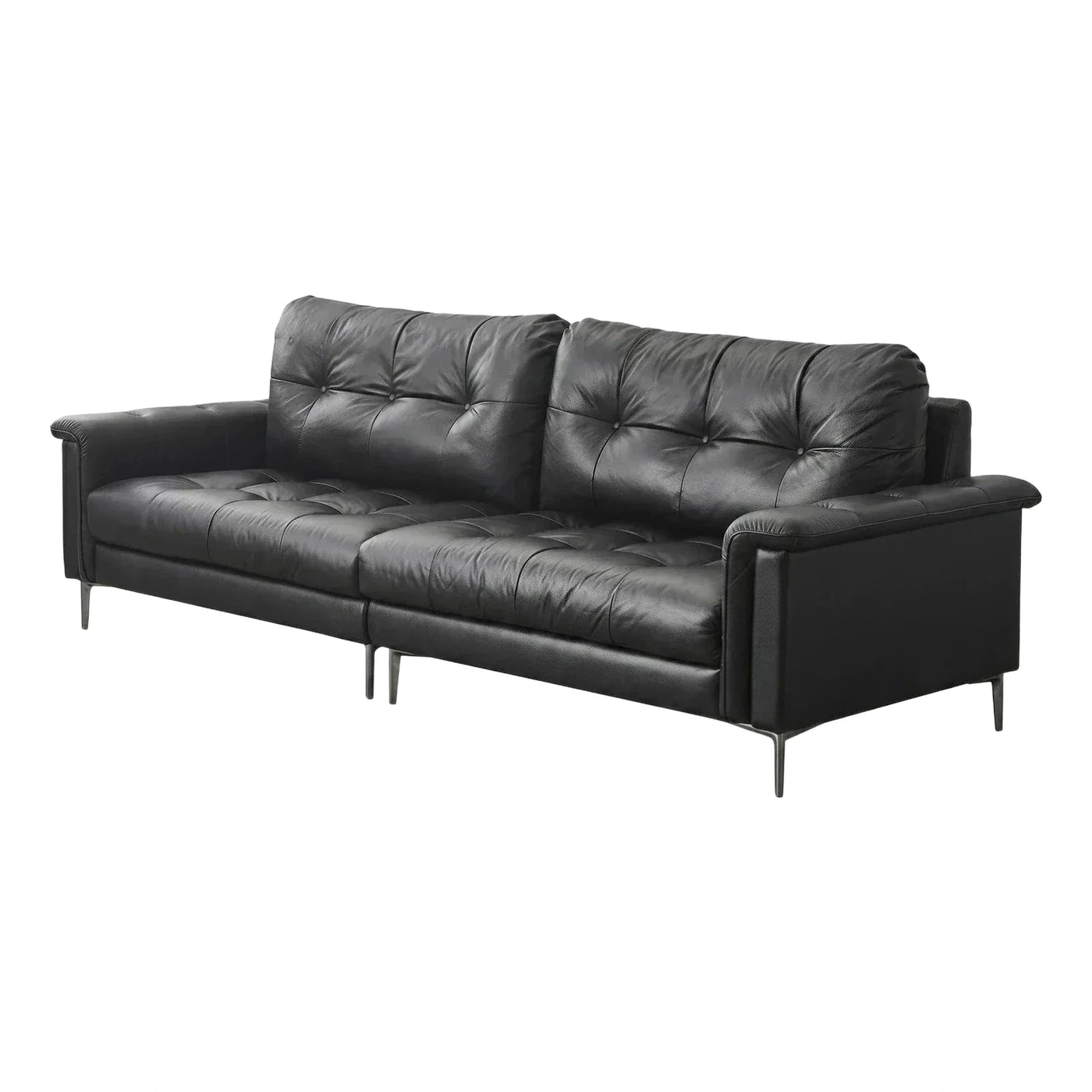 Modern Black Leather Tufted Sofa With Metal Legs