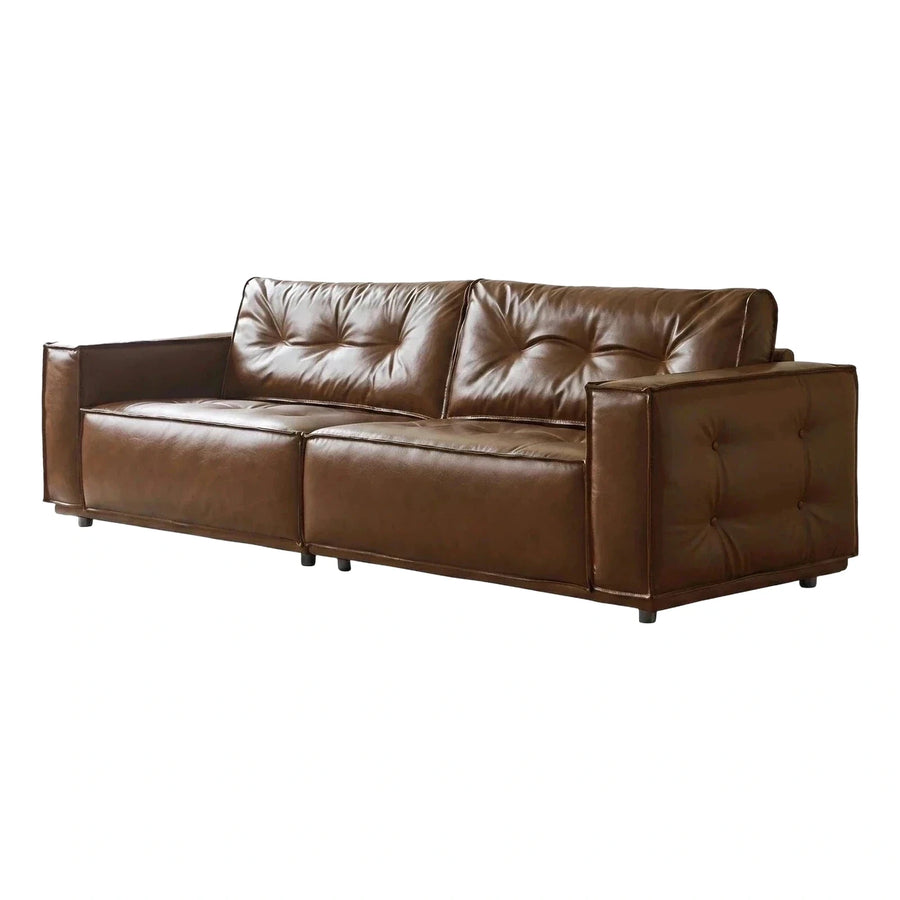 Modern Brown Leather Sofa with Button Tufting