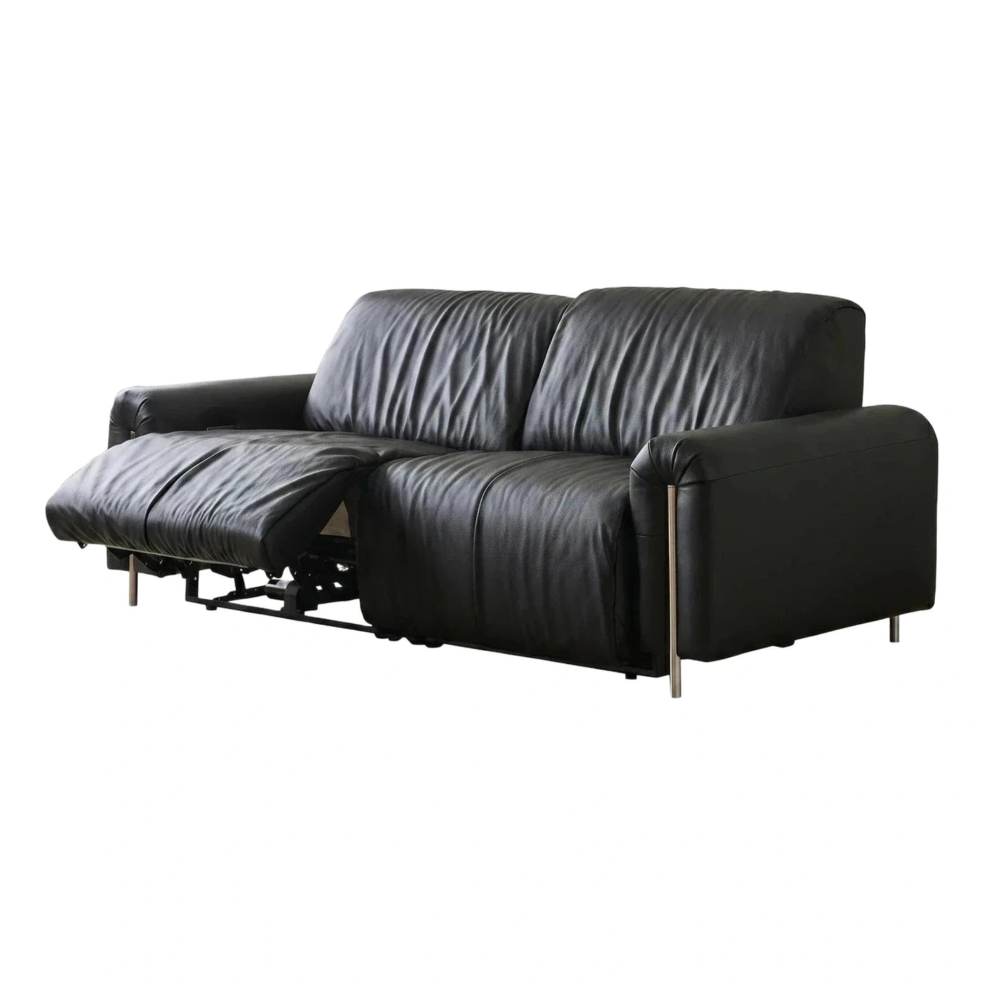 Modern Black Leather Reclining Sofa with Metal Legs