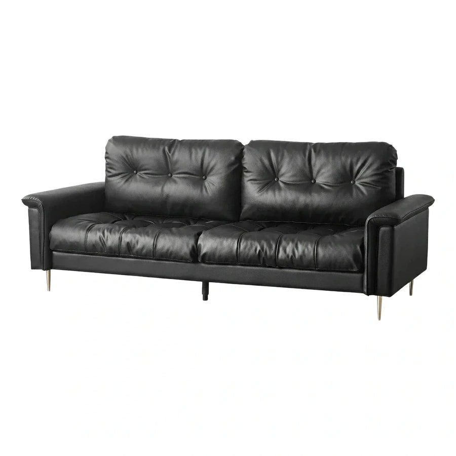 Modern Black Leather Tufted Sofa with Gold Legs