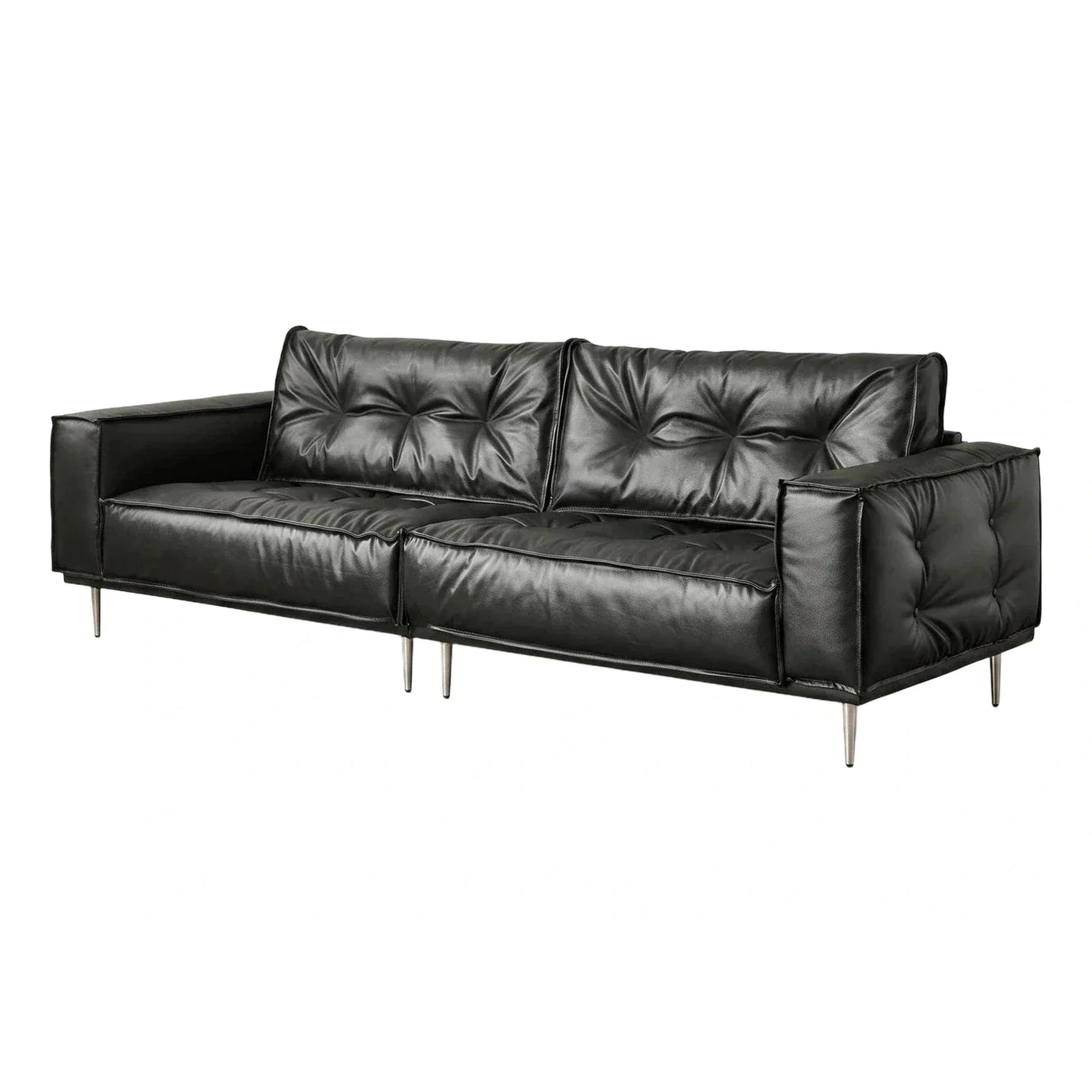 Black Leather Tufted Sofa with Tapered Metal Legs