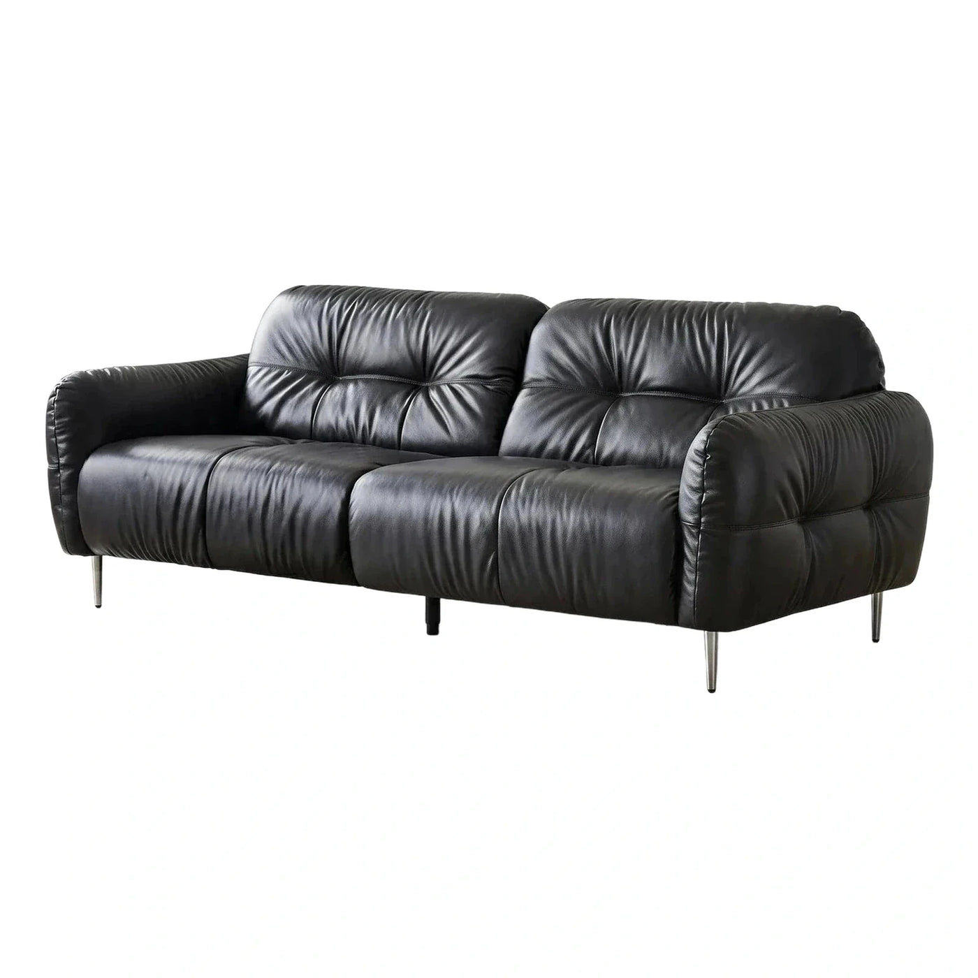 Modern Black Leather Sofa with Tapered Metal Legs