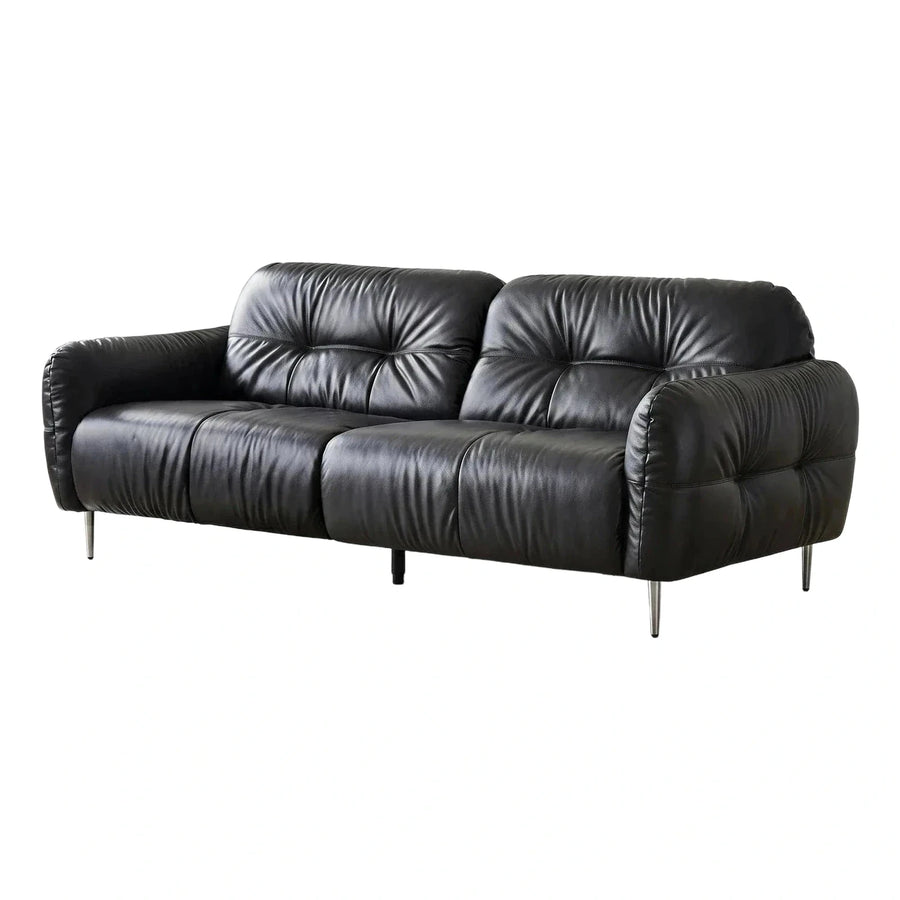 Modern Black Leather Sofa with Tapered Metal Legs