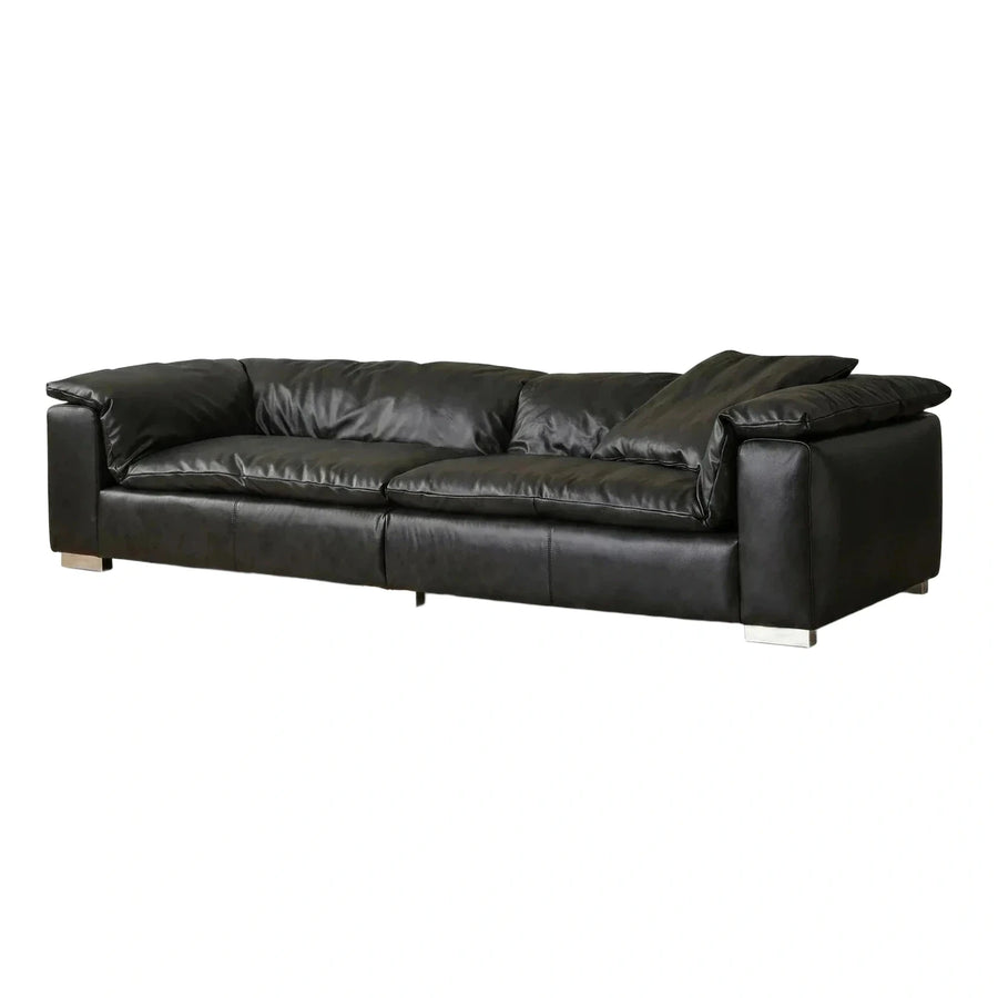 Modern Black Leather Sofa with Metal Block Feet