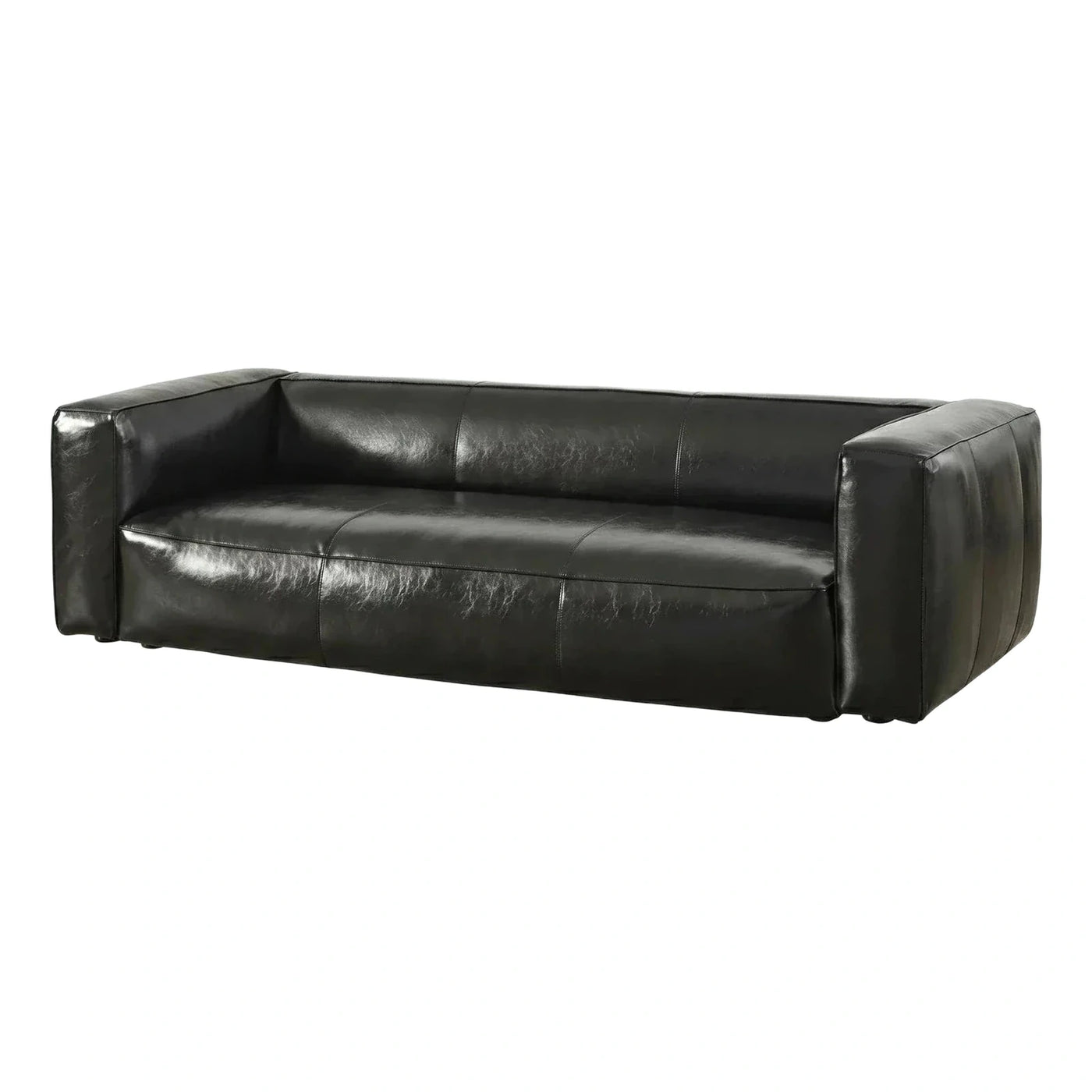 Modern Black Leather Sofa with Wide Block Arms