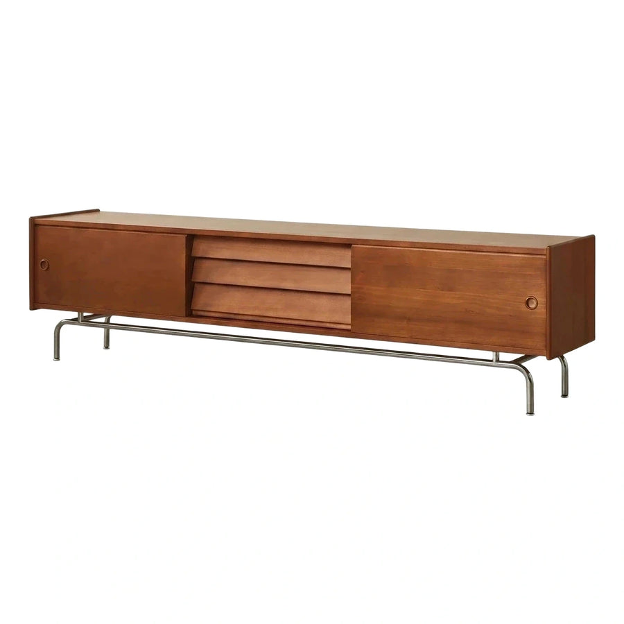 Walnut Media Console with Sliding Doors and Metal Base