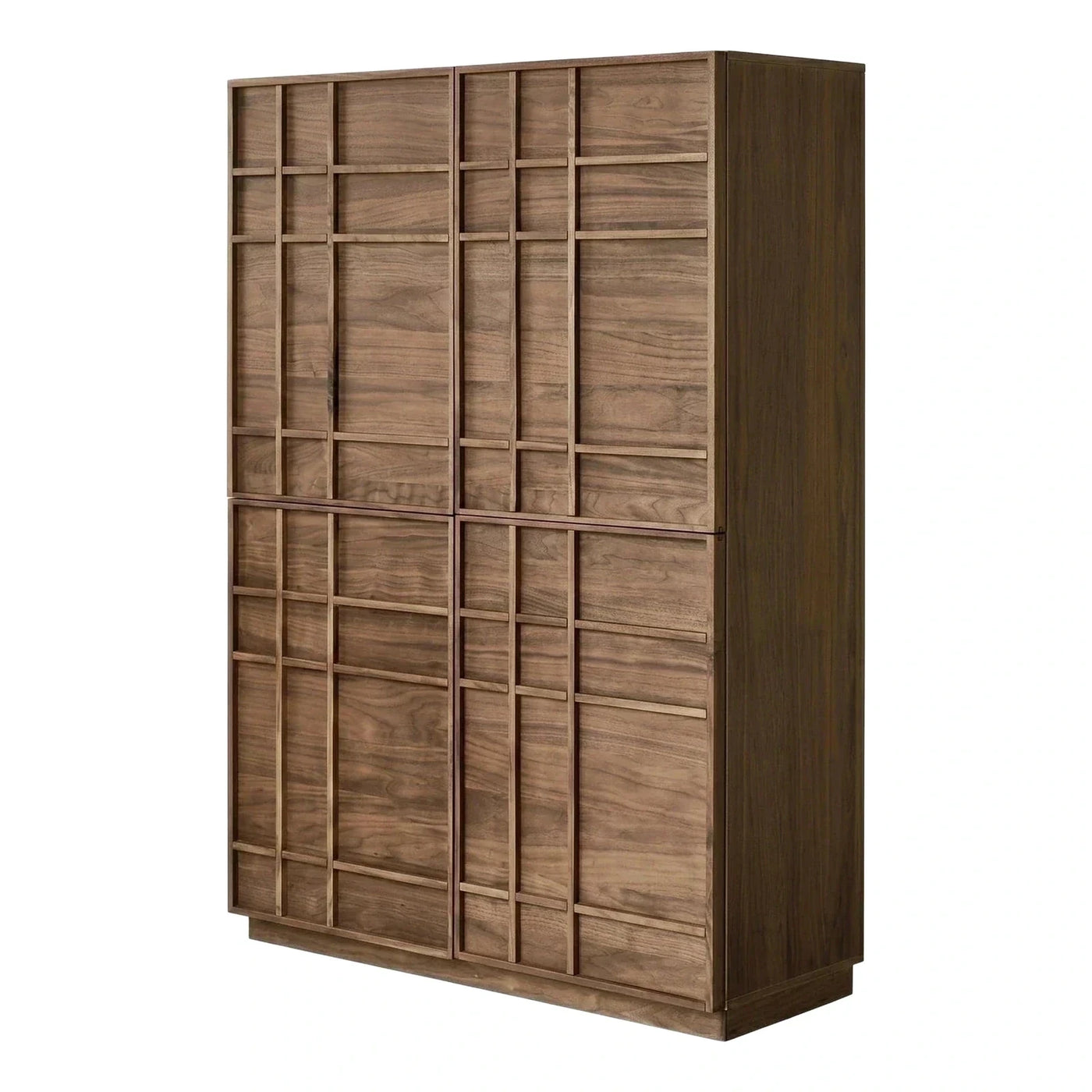 Modern Walnut Wood Grid Panel Wardrobe Cabinet